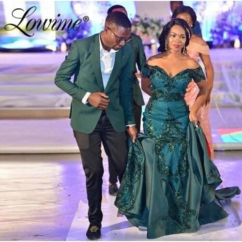 Lowime Shiny Sequins African Prom Dresses For Wedding Mermaid Party Gowns 2021 Custom Made Plus Size Off Shoulder Evening Dress