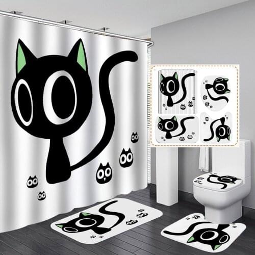 Animal Design Cute Cats 3D Shower Curtain Waterproof Polyester Fabric 1/3/4pcs Set Toilet Lid Cover Floor Carpet Door Mat Decor