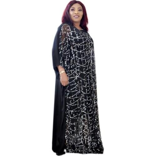 2 Pieces Set Super Size New African Women Dashiki Fashion Dangle Sequined Chiffon Dress Loose Embroidery Long Dress Inner Tank