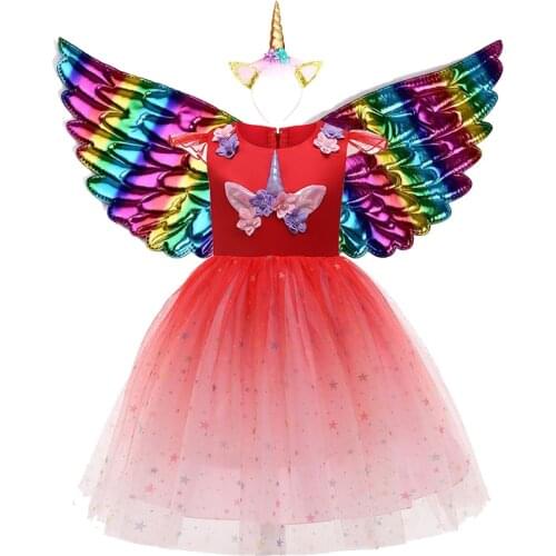 Kids Clothes Summer Unicorn Girls Dress Mesh Casual Birthday Princess Dress + Wing + Headband 3Pcs Fantasy Party Cosplay Costume