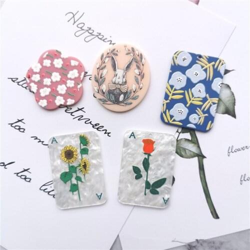 Summer style 40pcs/lot cartoon flowers pattern print geometry ovals/florals/rectangle shape acrylic beads diy jewelry making