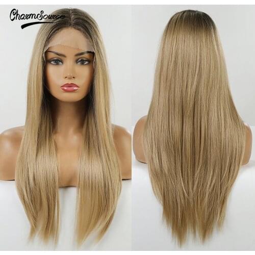 CharmSource Long Straight Wig Brown Ombre Blonde Synthetic Wigs for Women High Density Heat Resistant Daily Use Cosplay Hair