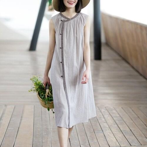 Homemade Japanese linen cotton new Chinese style single breasted sleeveless cheongsam Dress 0406