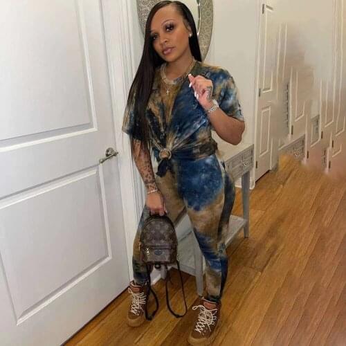 Tie Dyeing Print Short Sleeve Loose T-shirt Tops and Pencil Legging Streetwear Two Piece Sporty Suit Loungewear Matching Outfit