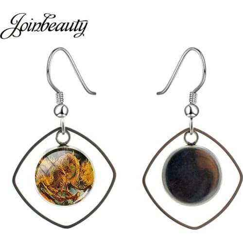 JOINBEAUTY Classic Van Gogh Sunflower Art Oil Painting Drop Earrings Glass Simple Style Flower Square Earring Women Jewelry ZZ72