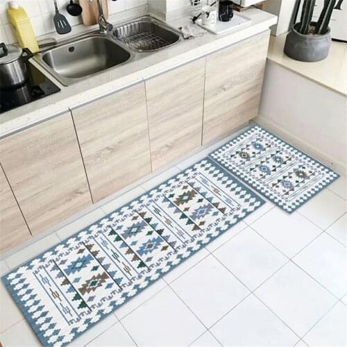 Ethnic Style Light Blue Geometric Printed Kitchen Mat Flannel Non-slip Bathroom Mat Nordic Bedside Mat Doormat Entrance Door