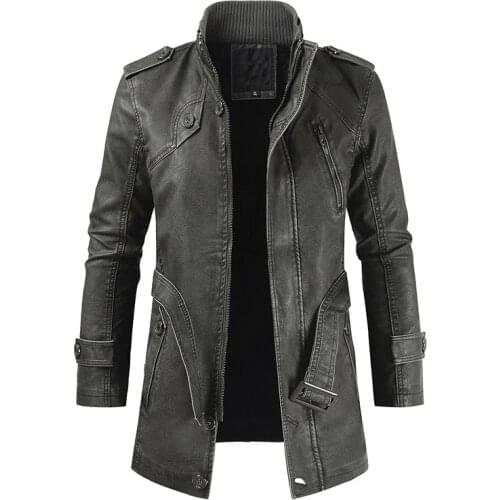 Leather Jacket Men Long Wool Stand Collar Coats jaqueta de couro Mens PU Leather Motocycle Jackets Outwear Trench Parkas 3XL
