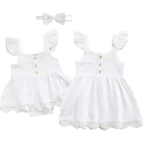 Cute Solid Color Sister Matching Clothes Casual Irregular Hem Sleeveless Dress/O-neck Romper with Ruffles+Headband Girls Dresses