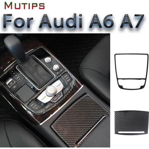 Mutips car gear shift panel cover carbon fiber sticker cup holder trim frame accessories for Audi A6 A7 2012-2018