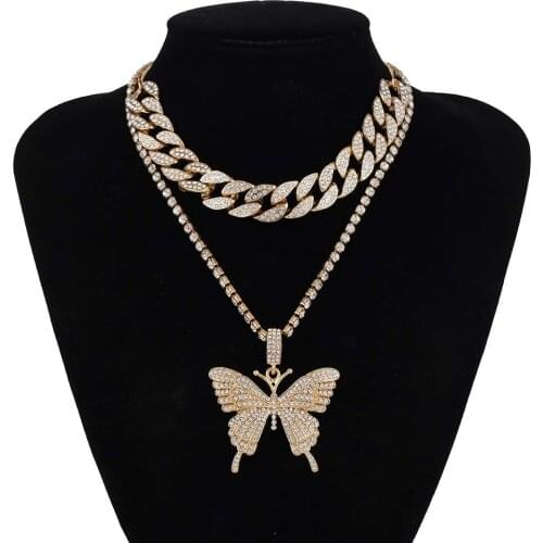 Men Hip Hop Bling Iced Out Rhinestone Pendant Double Necklace Cuban Chain Butterfly Stone T Show Pendant Men Women Necklace Sets