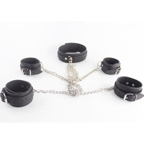 SODANDY Slave Neck Collar Handcuffs Wrist Cuffs Leather Ankle Shackles Bondage Restraints With Chain Sex Torture Femdom