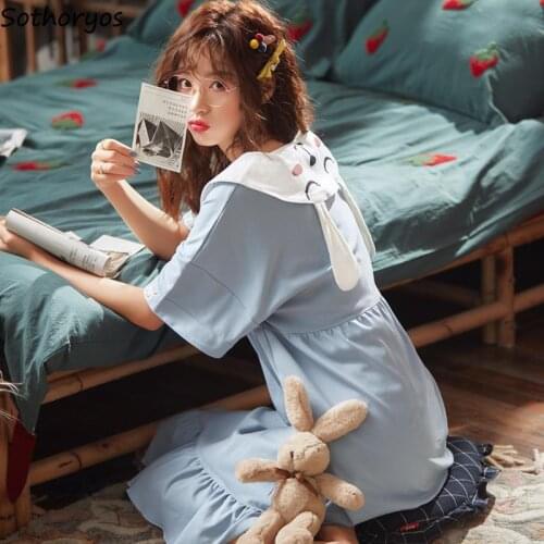 Nightgowns Women Sleepshirts Short Sleeve Summer Ruffles Homewear Kawaii Girls Korean Style Lace-up Trendy Peter Pan Collar Chic