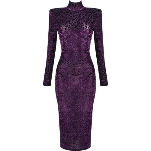 Autumn Fashion Dress 2021 New Women Sexy Purple Leopard Bodycon Clothing Party Evening Elegant Midi Dress