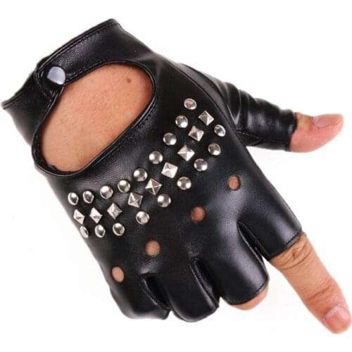 Man Street Dance Fashion Rivet Stage Performance Sexy Half Finger Leather Gloves Nightclub Punk Hip Hop Male Hollow Personality