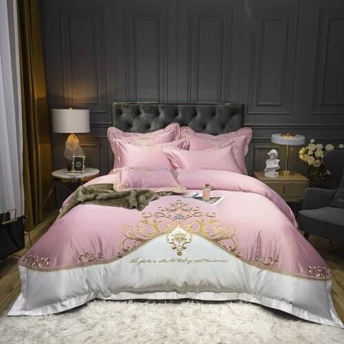 Luxury 60S Powder Bean Paste Embroidery Washed Silk Cotton Duvet Cover Bed Linen Fitted Sheet Pillowcases Bedclothes