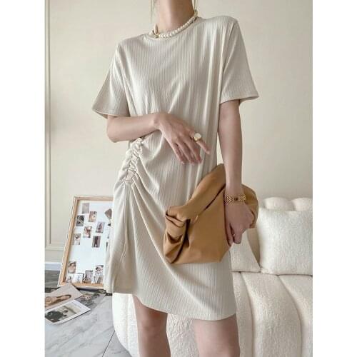Wrinkled Casual Straight Summer Dress Women 2021 New Loose Short-sleeve T-shirt Dress SN0390