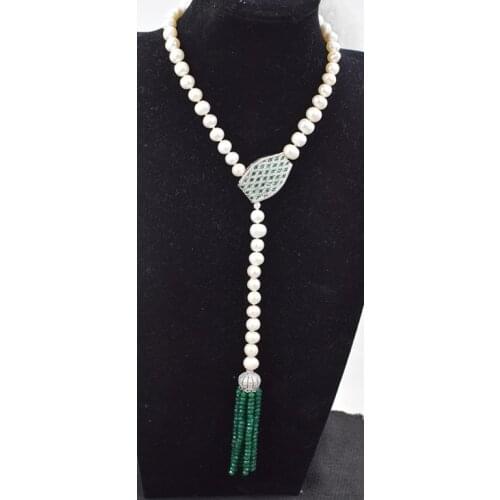 Freshwater pearls white near round 8-9mm and green jade faceted tessel zircon hook necklace 38" nature beads FPPJ wholesale
