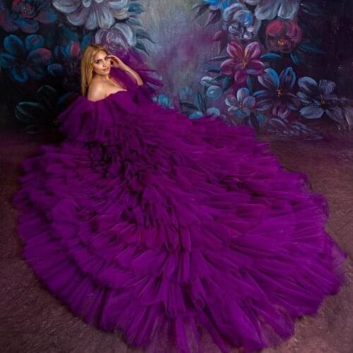Luxury Puffy Purple Tiered Tulle Long Pregnant Women Dresses To Photo Shoot Pretty Strapless Long Ruffles Maternity Clothes