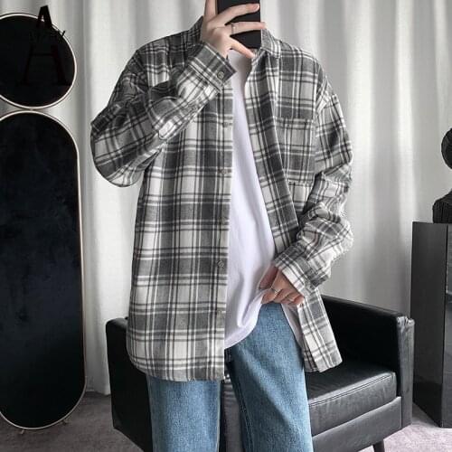 Casual Plaid Shirt for Men Long Sleeve Cotton Streetwear Oversized Korean Harajuku Shirt Japanese Fashion Button Up Dress Shirts