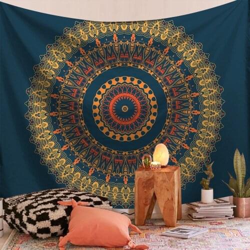 Dark Golden Mandala Blue Backdrop Tapestry for Livingroom Photography Wall Decor
