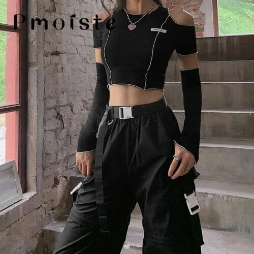 Gothic E-Girl Style Womens T-shirts Patchwork Black Strapless Streetwear Y2k Crop Tops Ruffles Hem Hip Hop Techwear Women Tees