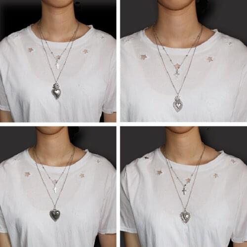 1pc Silver Plated Mexican Style Catholic Sacred Heart & Cross Charm Rosary Necklace DIY Handmade Jewelry Crafts Gift For Woman