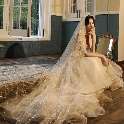 2021 Elegant Wedding Veils Ivory Champagne Cathedral Length 4M Lace Luxury Edge Bridal Veil With Comb Wedding Accessories New