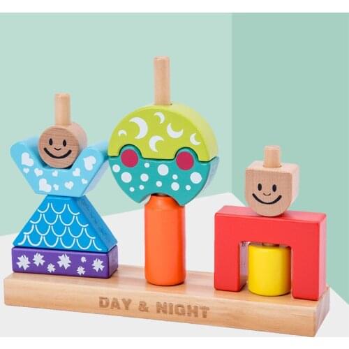 Childrens Montessori Wooden Toys Sun Moon Night Column Building Blocks Early Education Educational Baby 3D Wooden Building Toys