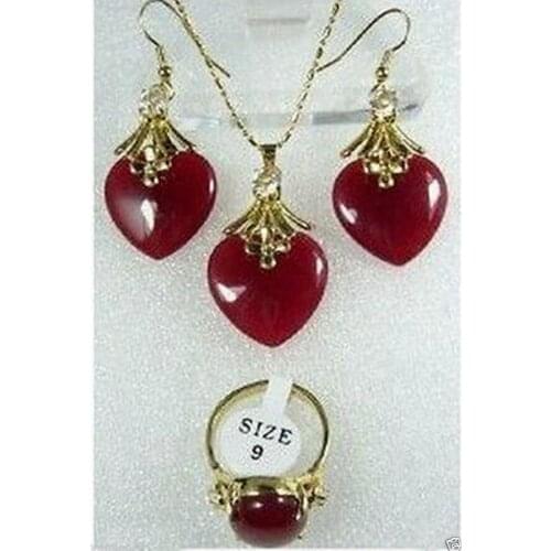 Hot sale new Style Nice Red jade Necklace Earrings Ring Set