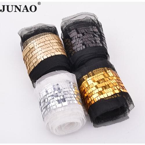 JUNAO 1Yard 35mm 4Color Gold Silver Black Sequins Ribbon Sewing PVC Paillett Trim Sequin Applique Tassel for Party Dress Crafts