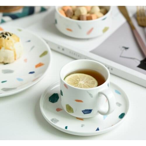 Nordic Geometry Coffee Cup and Saucer with Glod Handle Coffee Spoon Set Ceramic Color Dots Tea Cup Reusable Espresso Cups Gift