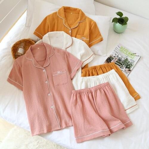 Japanese Style Summer Couple pajamas suit cotton Sleepwear ladies simple short-sleeved shirt shorts pajamas mens home service