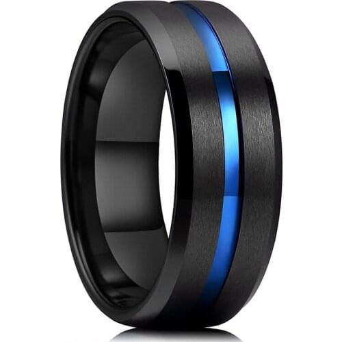 Fashion 8mm Mens Blue Groove Beveled Edge Stainless Steel Ring With Zircon Celtic Dragon Red Carbon Fibre Ring Men Wedding Band