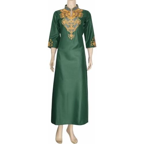 Muslim Embroidery Dress Female V-Neck Pure Color Middle East National Style Vintage Elegant Temperament Loose Waist Costumes
