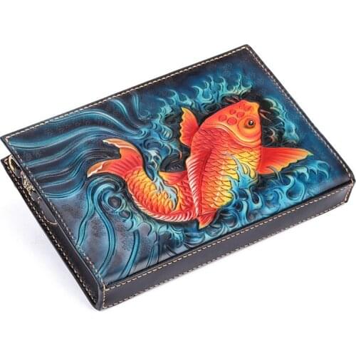 Handmade Men Vegetable Tanned Leather Carving Carp Bag Money Holder Clutch Purse Cigarette Pocket Man Clutches