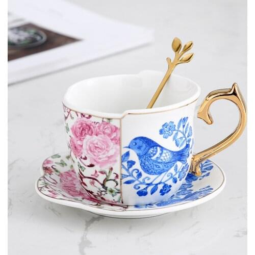 MUZITY Ceramic Tea Cup Set Irregular Shape Porcelain Coffee Cup and Saucer with Golden Spoon 250ml