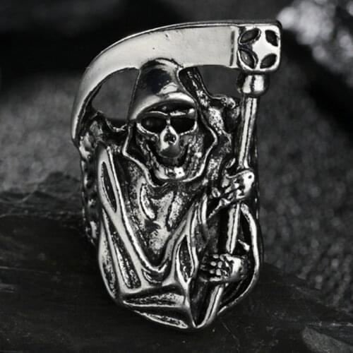New Fashion Vintage Death Hip Hop Punk Rock Alloy Silvery Ring for Men Women Luxury Grim Reaper Sickle Rings Jewelry Wholesale