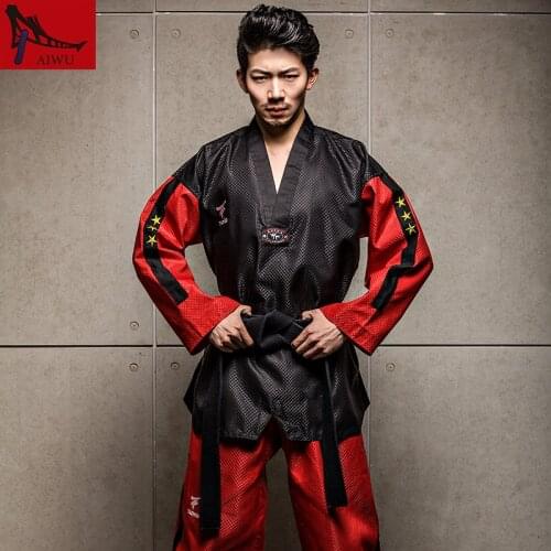 Five-star doboks adult men and women Taekwondo coach clothing long sleeved clothing Black red design adult taekwondo uniforms