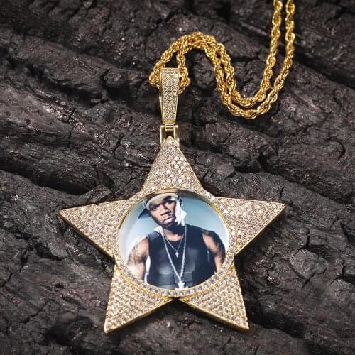 Pentagram Memory Picture Necklace & Pendant Solid Back Micro Pave Charm Mens Hip hop Rock Jewelry