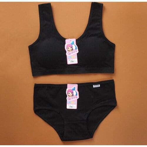 Students Teenager Puberty Plain Color Simple Style Young Girls Brassiere Vest Bra + Panties Cotton Underwear Sets FS0496