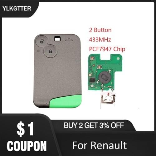 YLKGTTER 2 Button Remote Card Smart Car Key for Renault Laguna Espace Vel-Satis with DIY Uncut Key Blade 433 MHz PCF7947 Chip