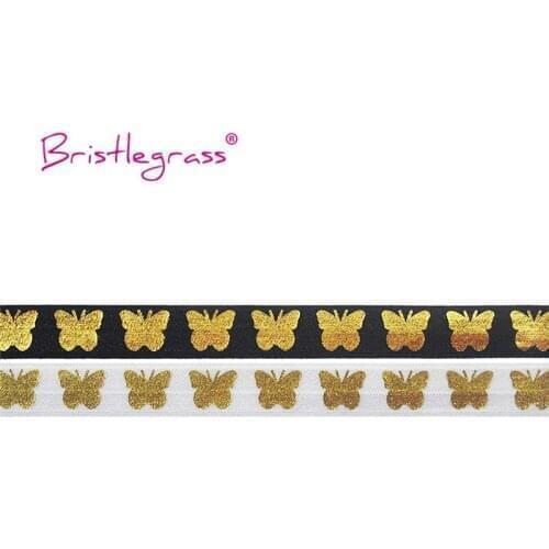 BRISTLEGRASS 5 Yard 5/8" 15mm Gold Butterfly Foil Print Fold Over Elastics FOE Spandex Bands Hair Tie Headband Tutu Dress Sewing