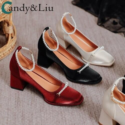 Pumps Autumn 2021 The New Womens Shoes Shallow Pearl Strap Square Head Satin Fat Thick 6cm Heels Online Celebrity Thick Heels