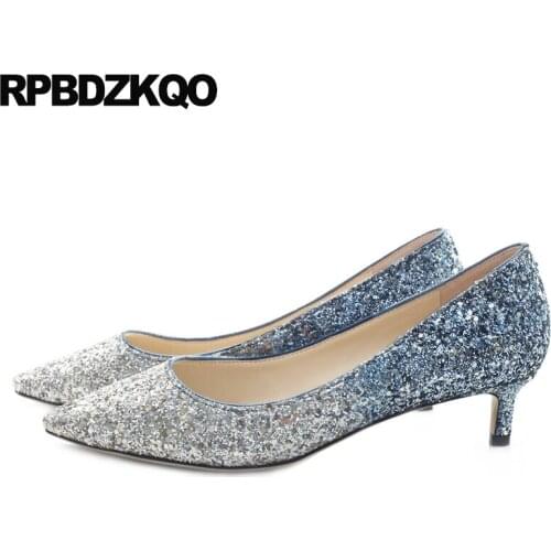 Bling Sequin Size 4 34 Pointed Toe Medium Heels Dress Big Glitter Low Bridal Shoes Blue 33 Pumps Ladies Kitten Wedding Bride