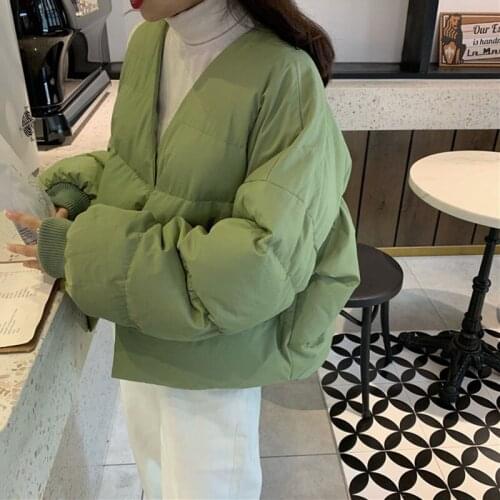 Winter Warm Short Parkas Women V-neck Thicken Cotton Coat Female Padded Jackets Chic Matcha Solid Color Loose Outwear Students