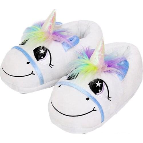 Winter New Colorful Rainbow Unicorn Plush Slippers Womens Home Warm Cotton Sandals Multi-Colors Horse Ladies Fluffy Slides