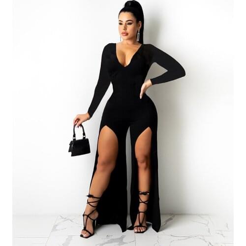 Black White Office Lady Rompers Womens Jumpsuit Deep V Neck Long Sleeve Wide Leg Bodysuit Autumn Double High Split Overall New
