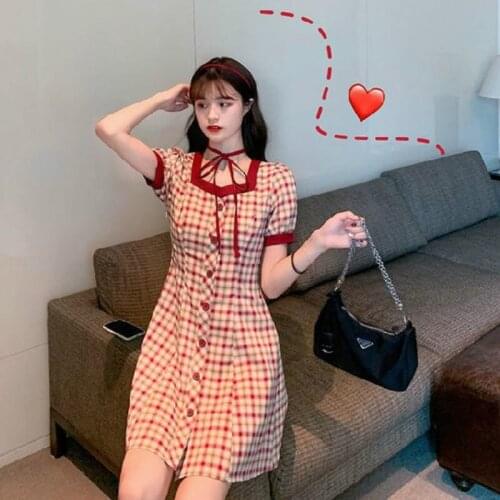 Dress Women Vintage Square-collar Plaid Puff-sleeve Short Sleeve Summer Dresses Halter Button Elegant Lady Sweet Empire Wear