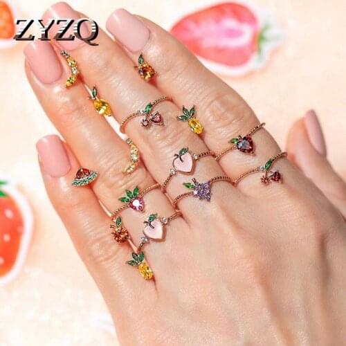 ZYZQ Romantic Fruit Women Copper Ring Crystal Grape Apple Ring kids Jewelry Fashion Ring For Women 2020 Statement
