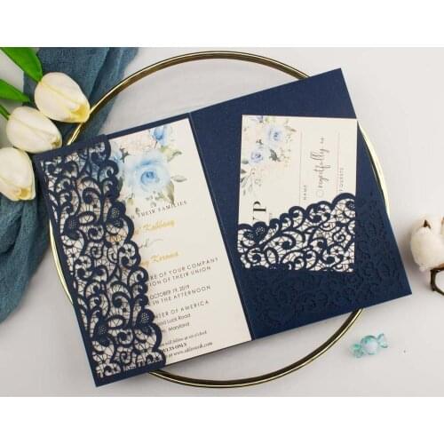 1pcs Burgundy Navy Blue Rose Gold Vine Vantage Tri-fold Shinny Glitter Paper Laser Cut Pocket Wedding Invitation Cards Envelope
